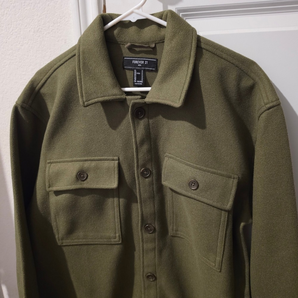 Forever 21 Men Olive Green Button Up Utility Shirt Jacket Shacket Small
